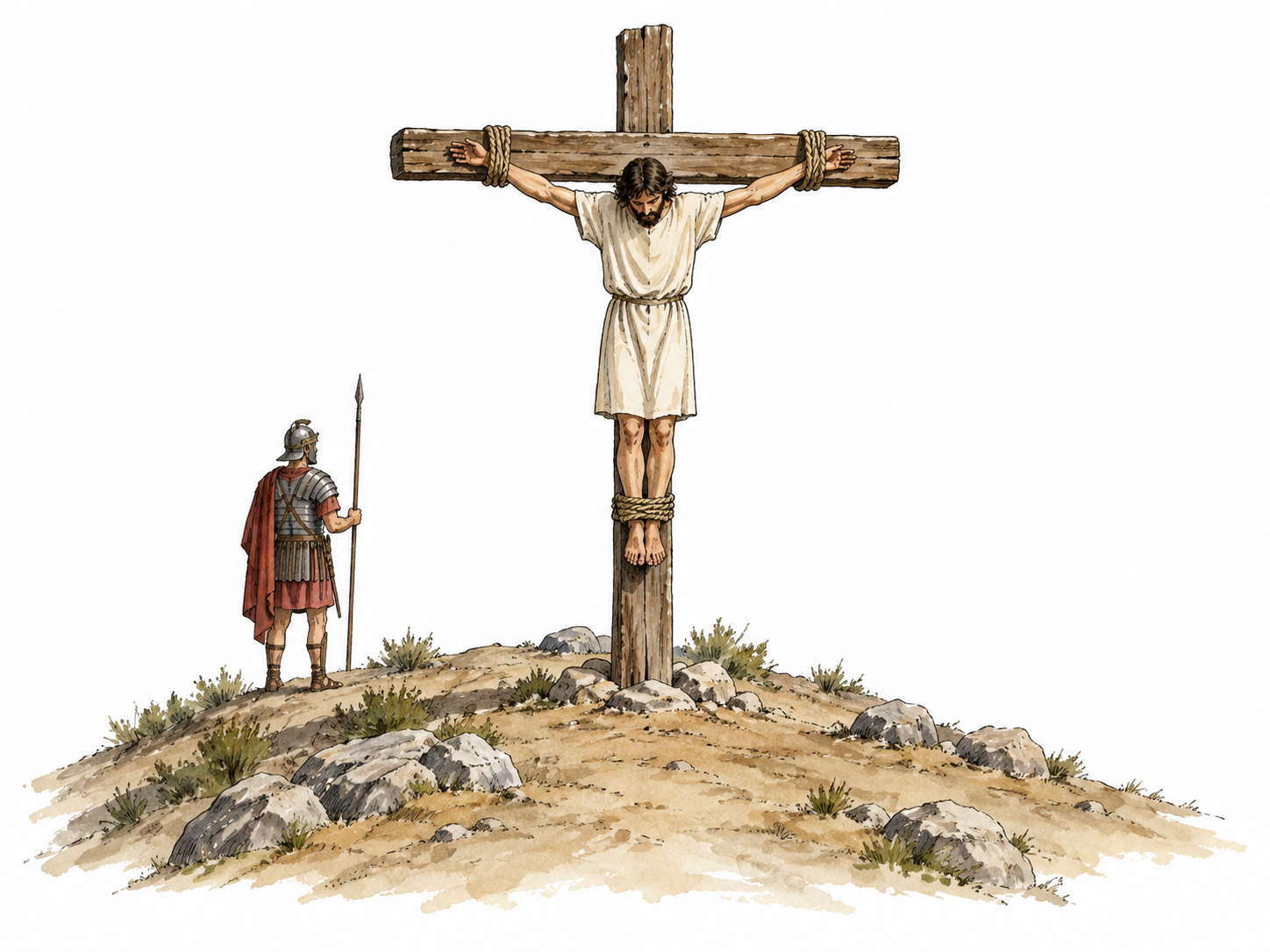 Distant clothed figure bound to historical execution cross.
