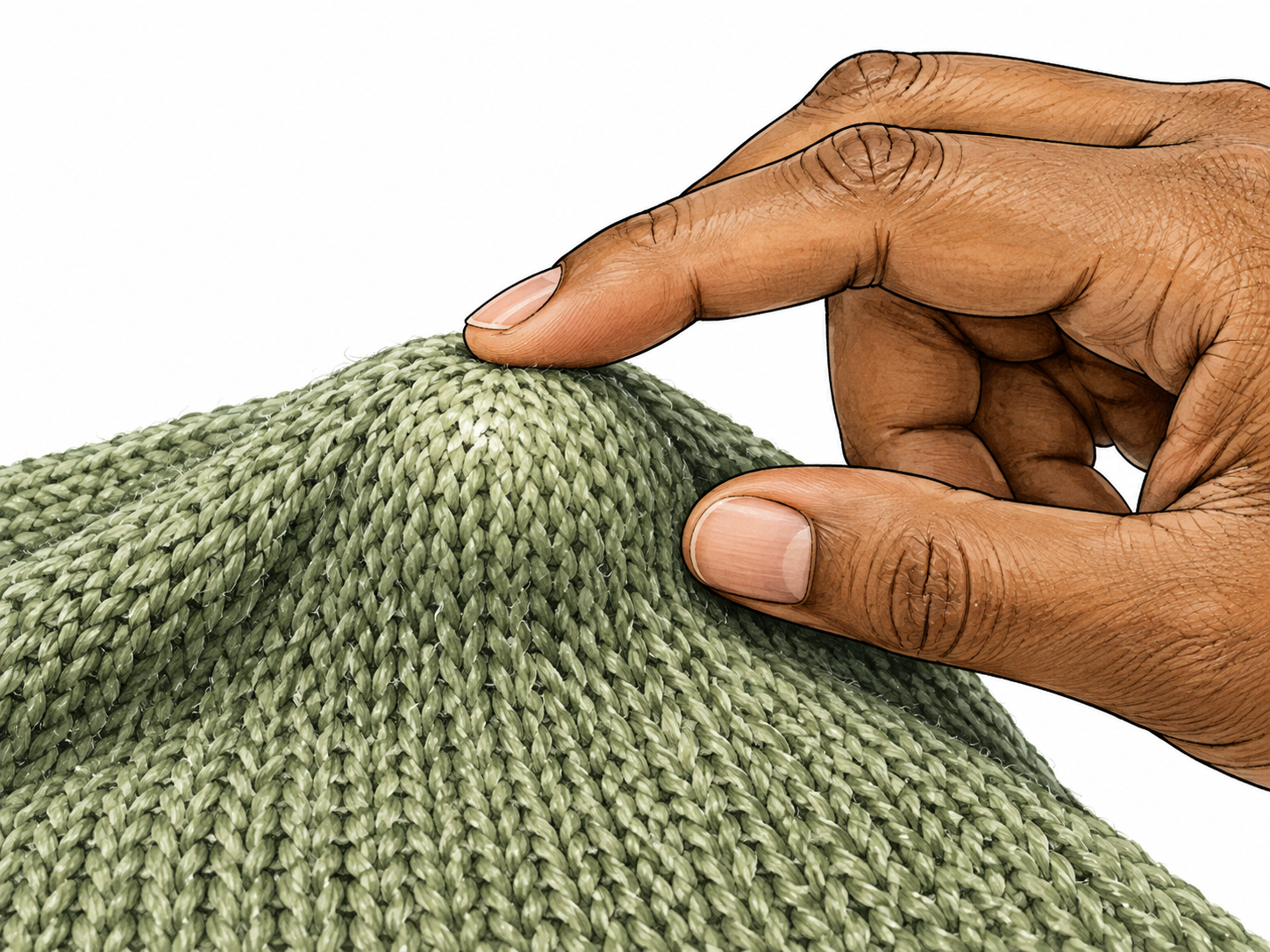 Palpable, able to be felt physically: closeup of fingers gently feeling a clear raised bump beneath a knitted cloth, fabric stretched over a small hard ball makes shape tangible.