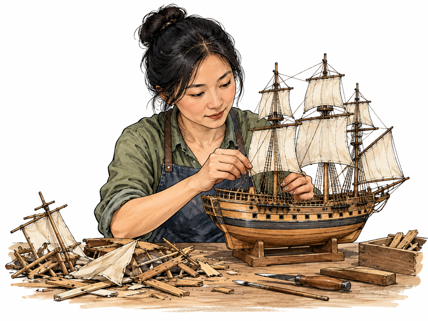 Perseverance: East Asian adult woman patiently builds a complex model sailing ship at a workbench; discarded failed wooden pieces nearby and substantial completed hull show effort despite setbacks.