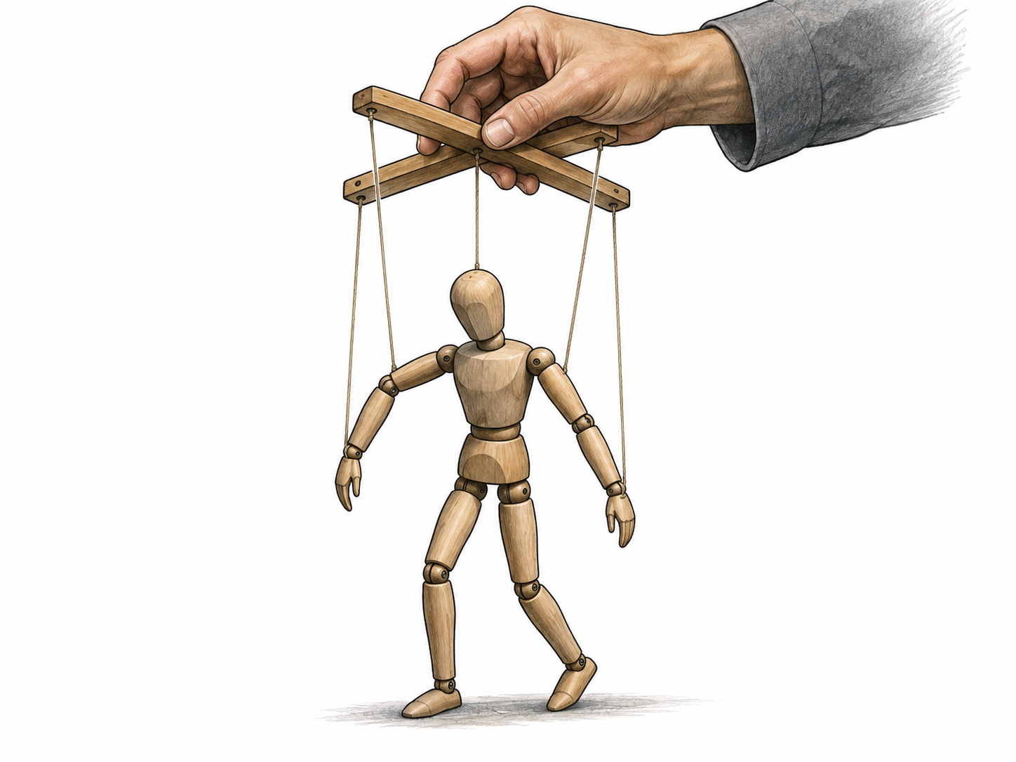 Marionette under external hand control represents subjection.