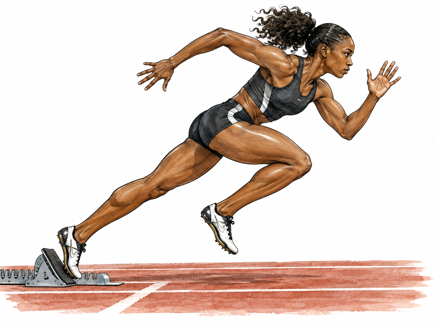 Commence, to begin: a Black adult female runner taking the first powerful step out of starting blocks on a track, race just beginning.
