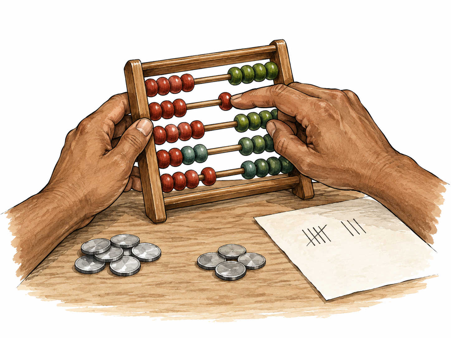 Hands work out amount using abacus and coins.