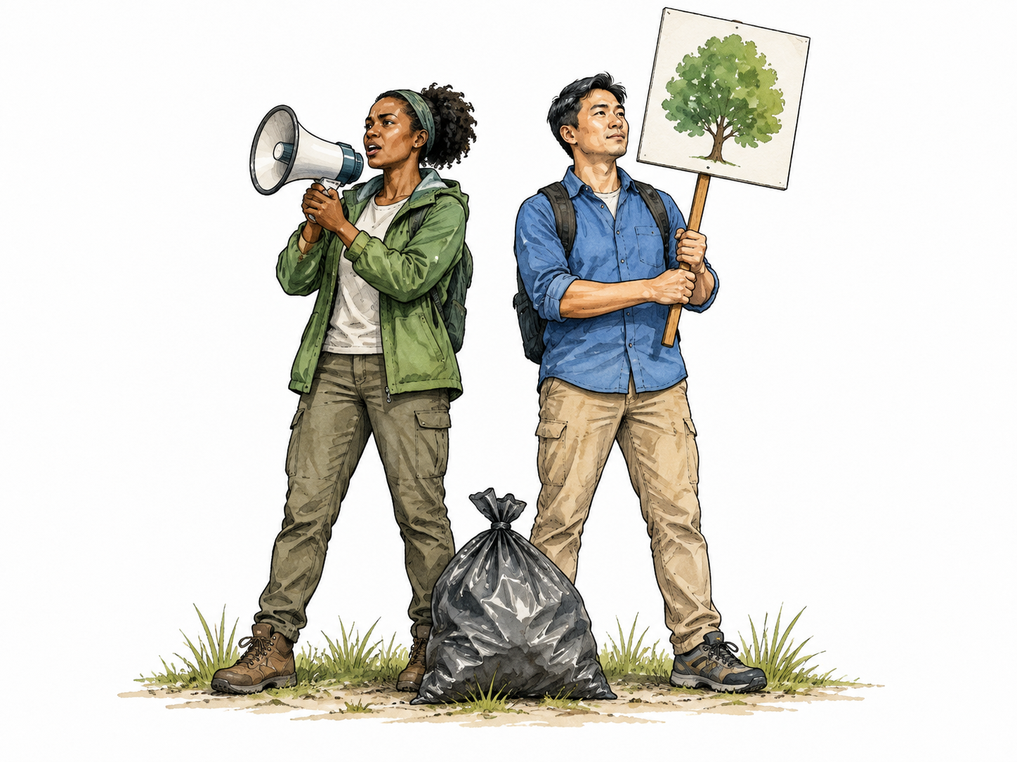 Two volunteers campaign for environmental cause with megaphone and tree placard.