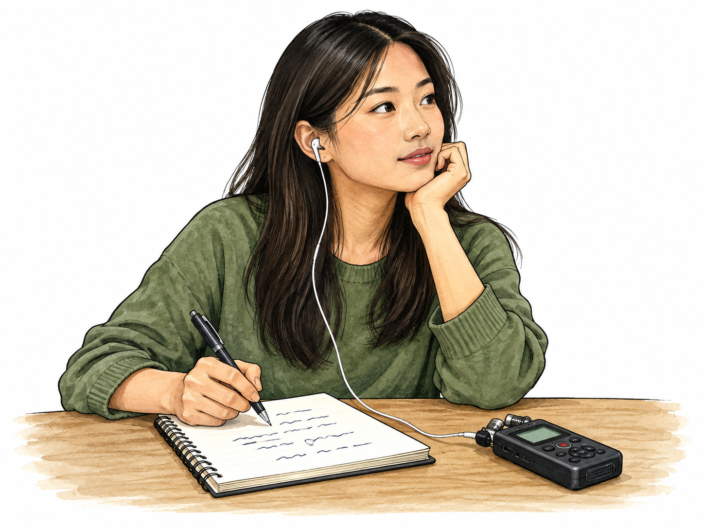 Dictation, spoken words written as they are said: a young East Asian adult woman listening through one earbud, pen poised over notebook with abstract short ink strokes; small audio recorder beside her, no text or numbers.