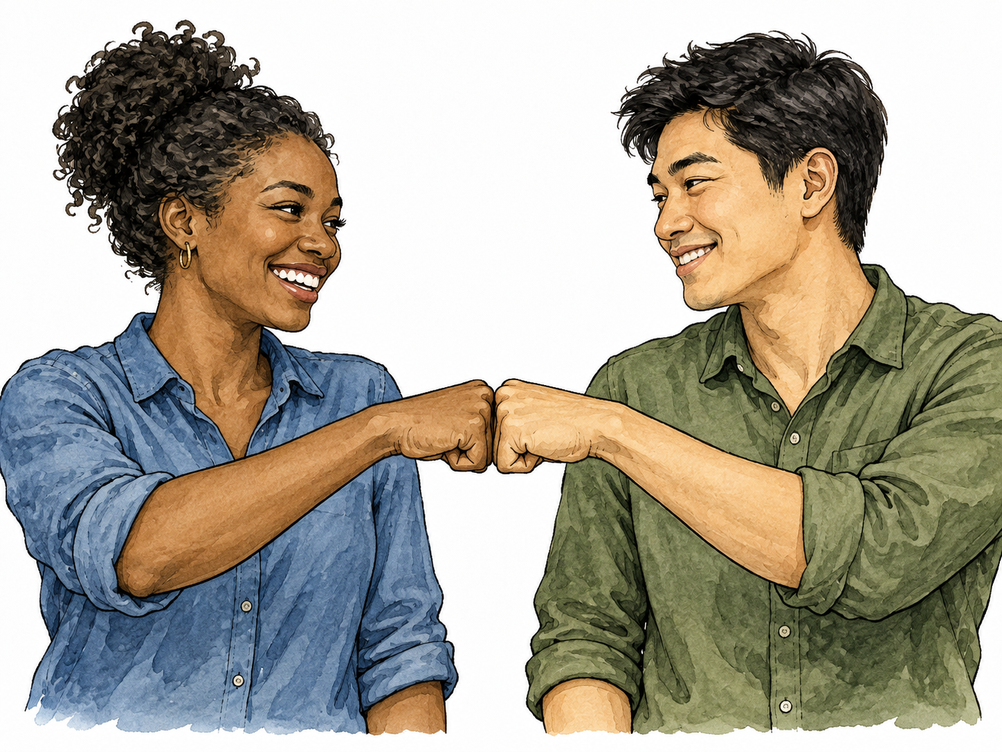Two adults make physical contact with fist bump.