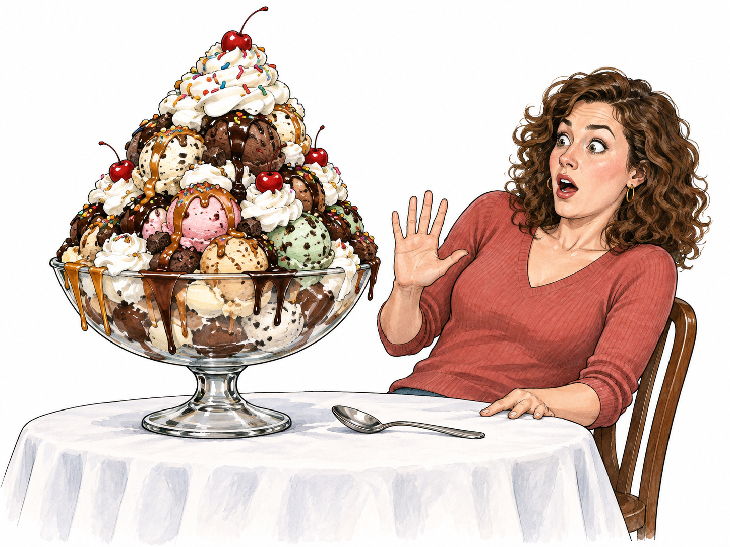 An outrageously excessive sundae astonishes a diner.