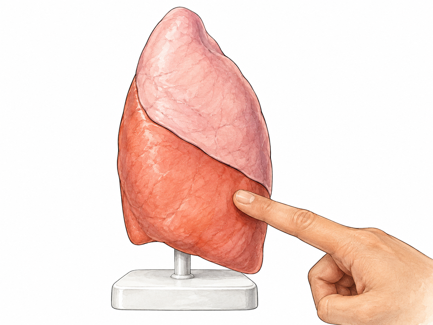 Fingertip indicates lower lobe on two-lobed left lung teaching model.