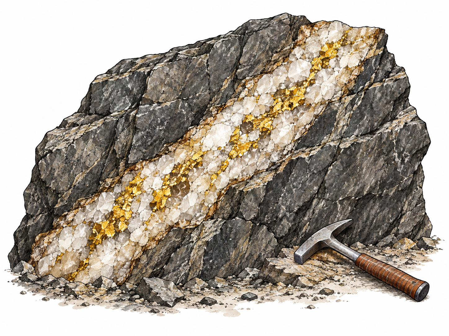 Mineral-rich quartz and gold vein through host rock.