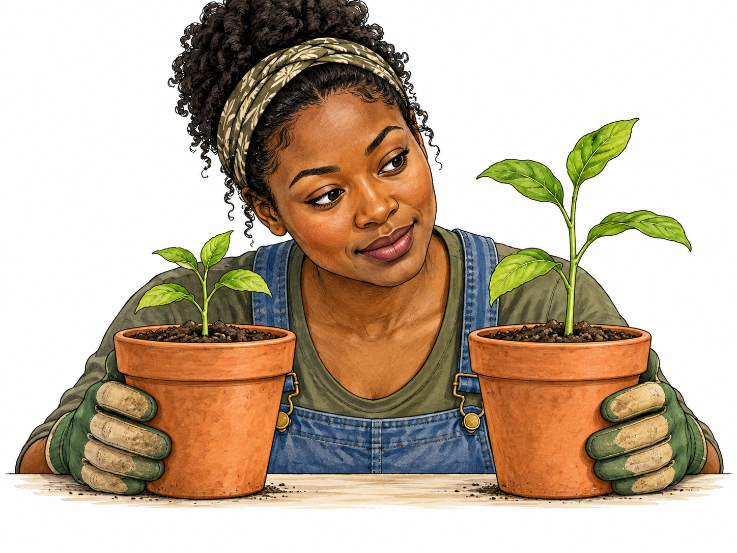 Comparative: a Black female gardener carefully comparing two potted seedlings side by side, same pots but visibly different heights, looking between them.
