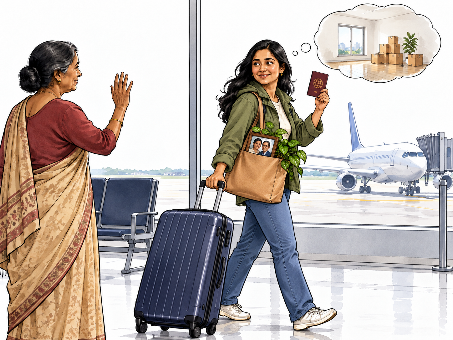 Woman departs internationally with household mementos, anticipating settlement in a new home.
