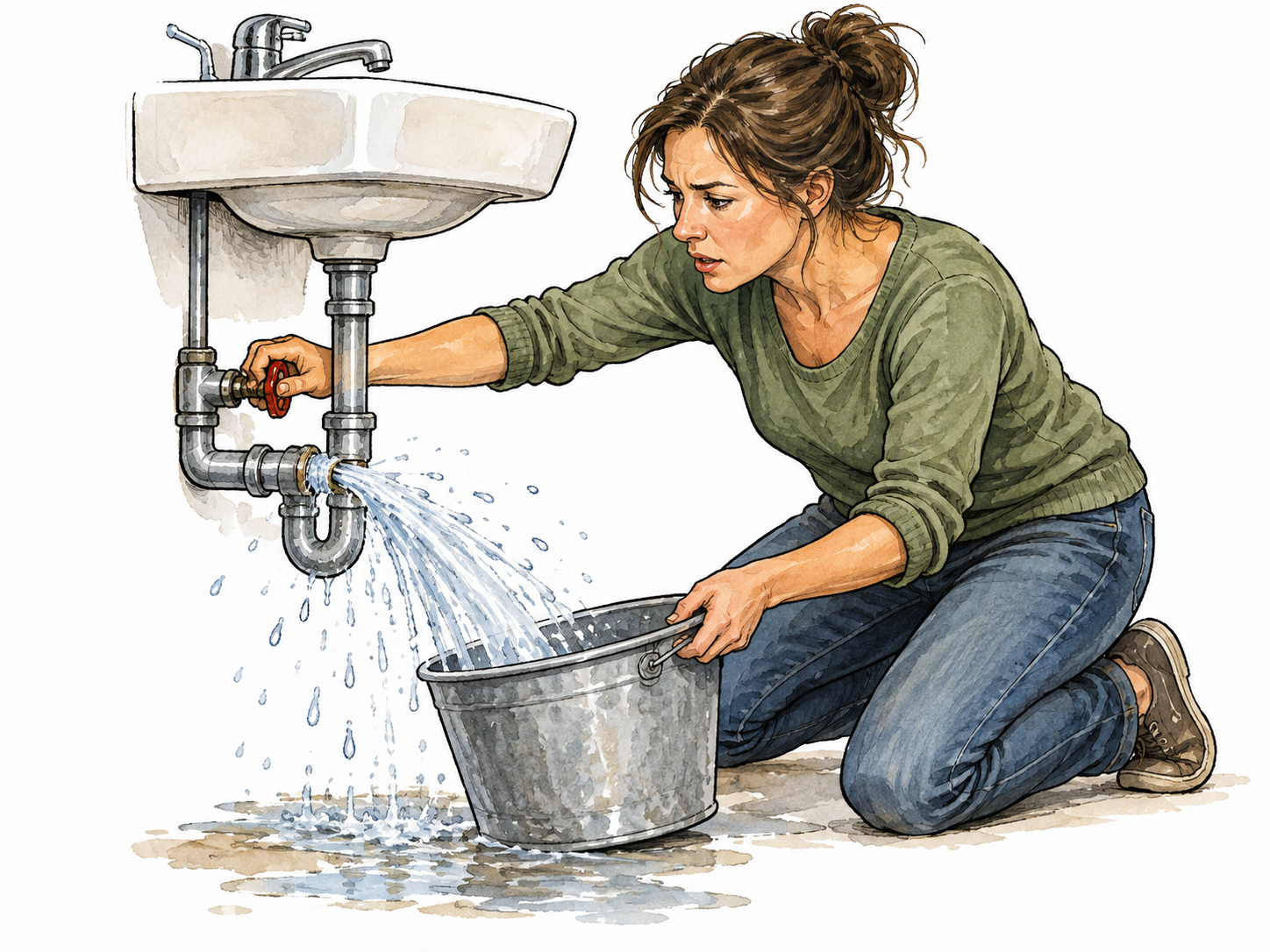 Woman turns shutoff valve while catching active water leak.