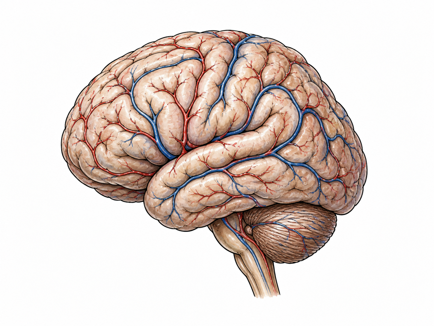 Brain with branching surface blood vessels.