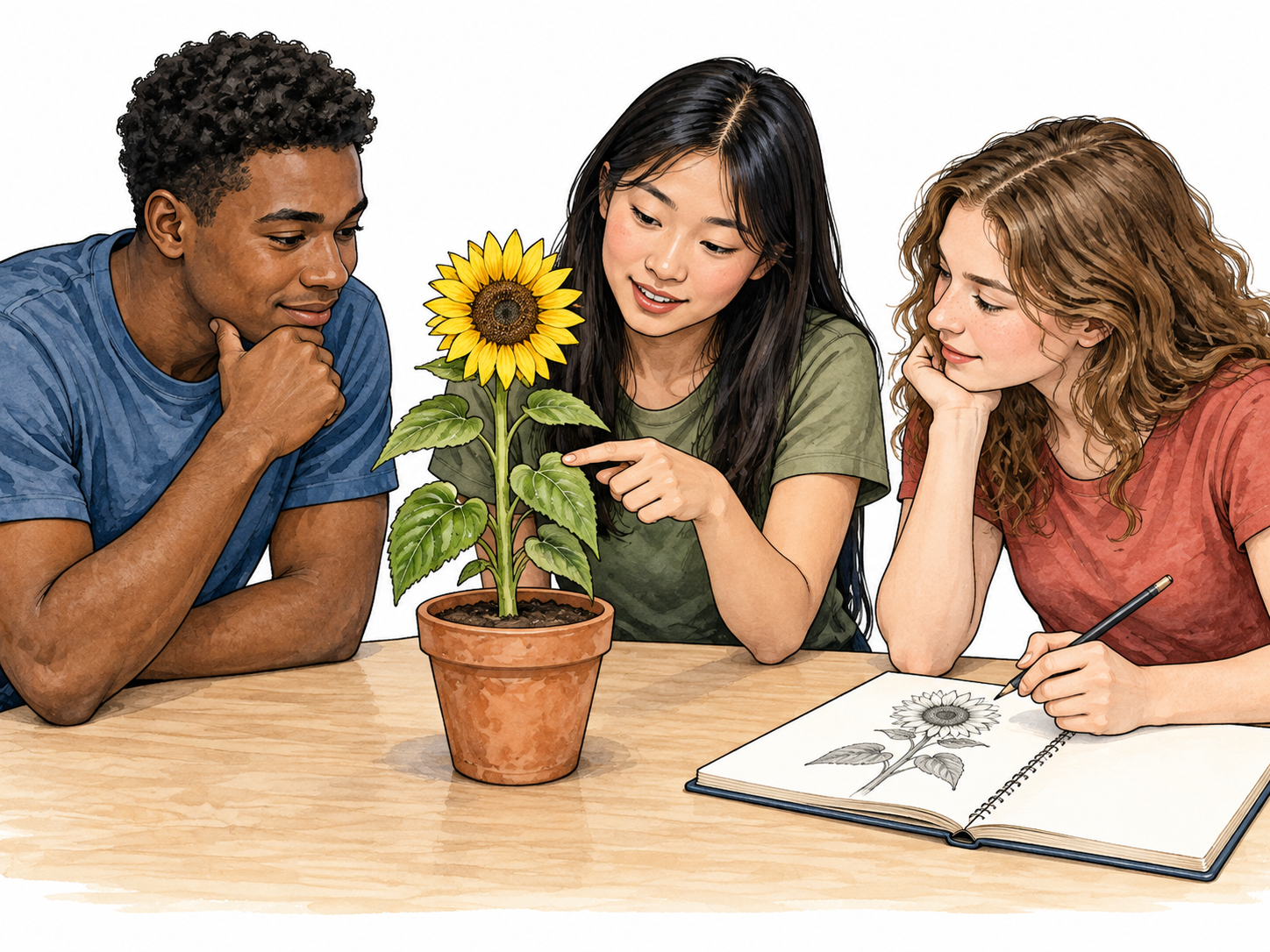 Sunflower is the shared topic of discussion, observation and drawing.