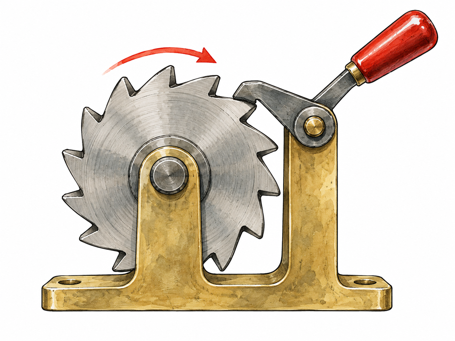 Steel ratchet wheel with engaged pawl and permitted rotation arrow.