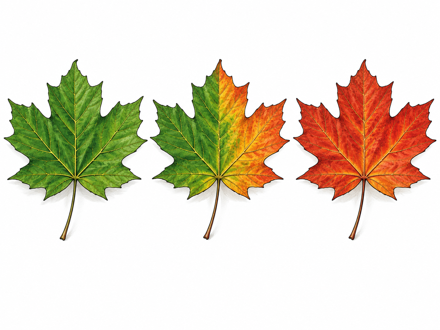 Leaf changes from green through mixed colors to autumn red.