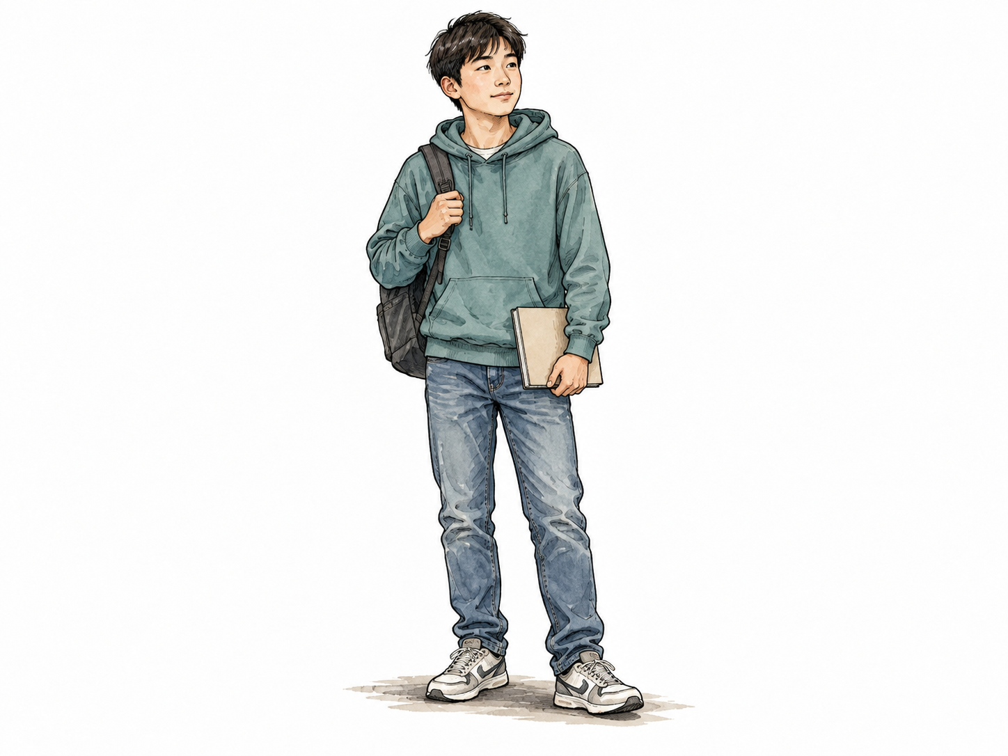 Teenager with backpack and notebook.