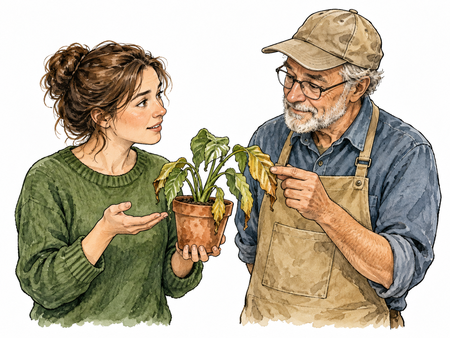 Woman seeks advice about a wilted plant from nursery worker.