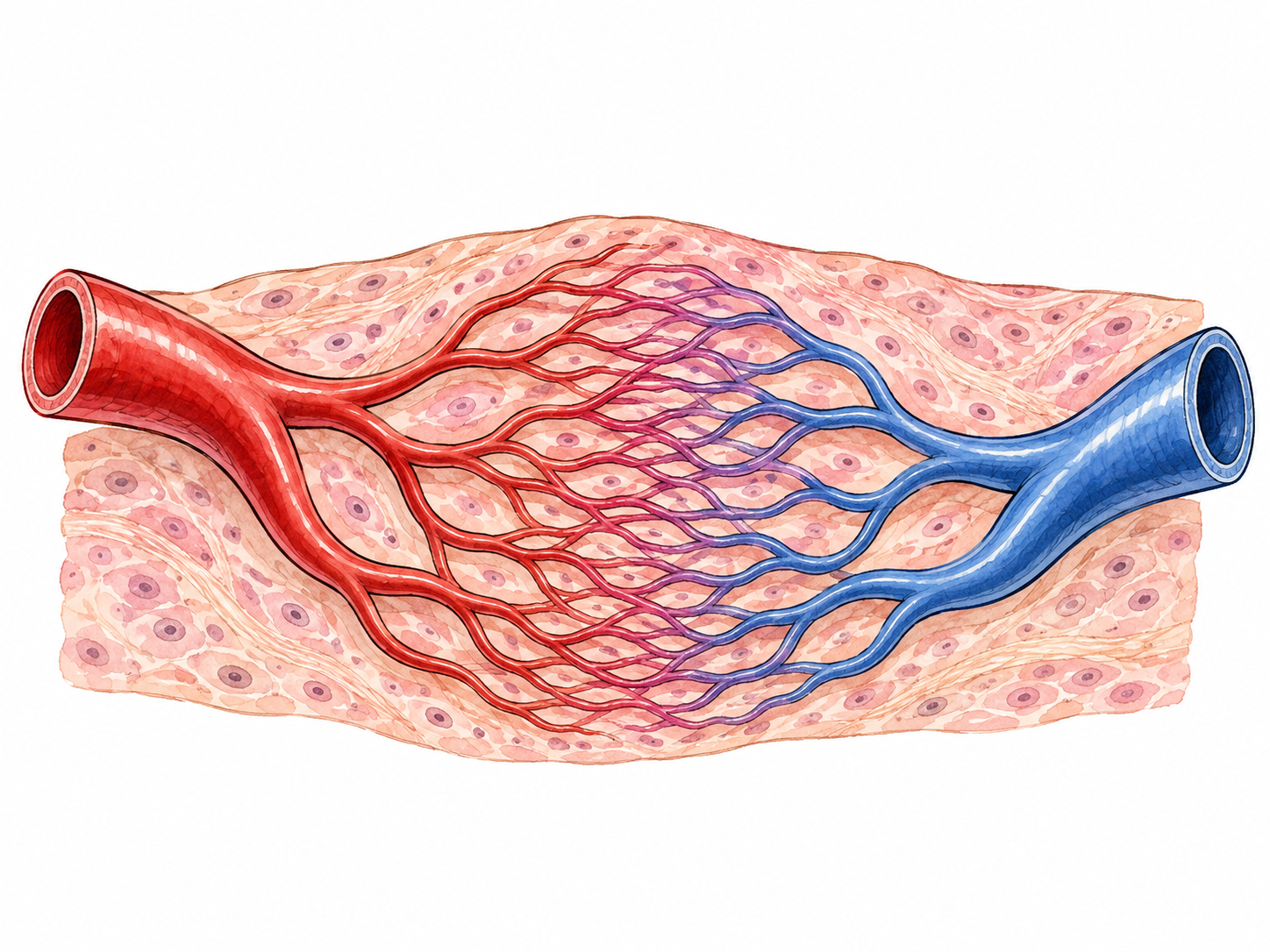 Branching arterial and venous network through tissue.