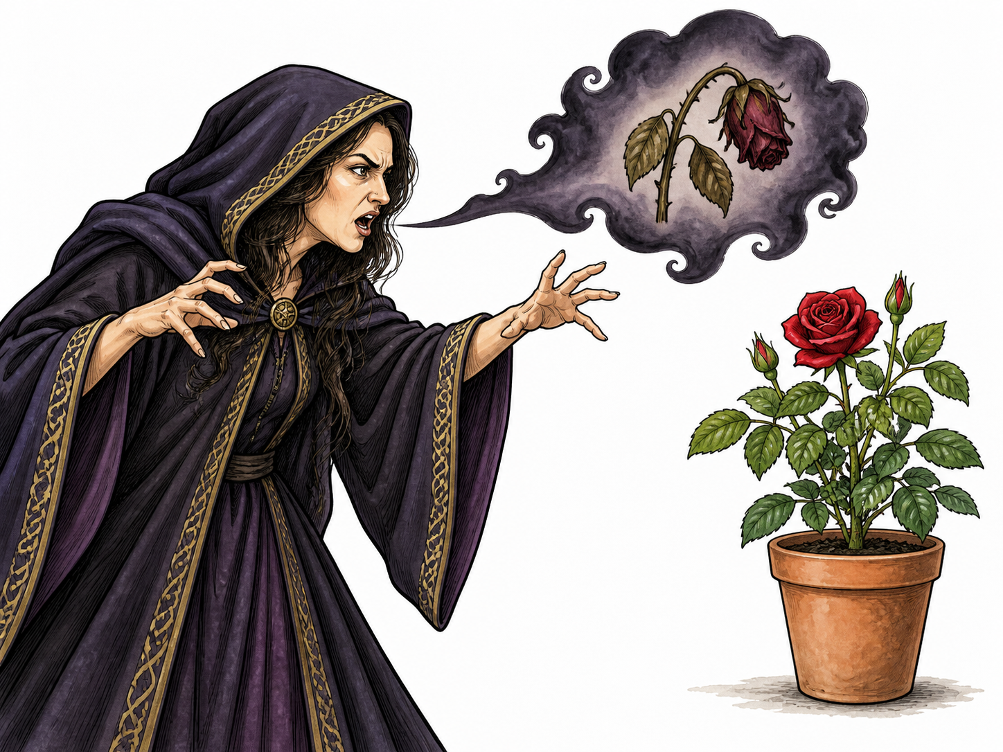 Malediction, spoken curse: a theatrical robed adult figure speaks a dark pictorial speech cloud containing a wilted rose toward an intact potted rose; symbolic wish of misfortune, no actual injury, no words.