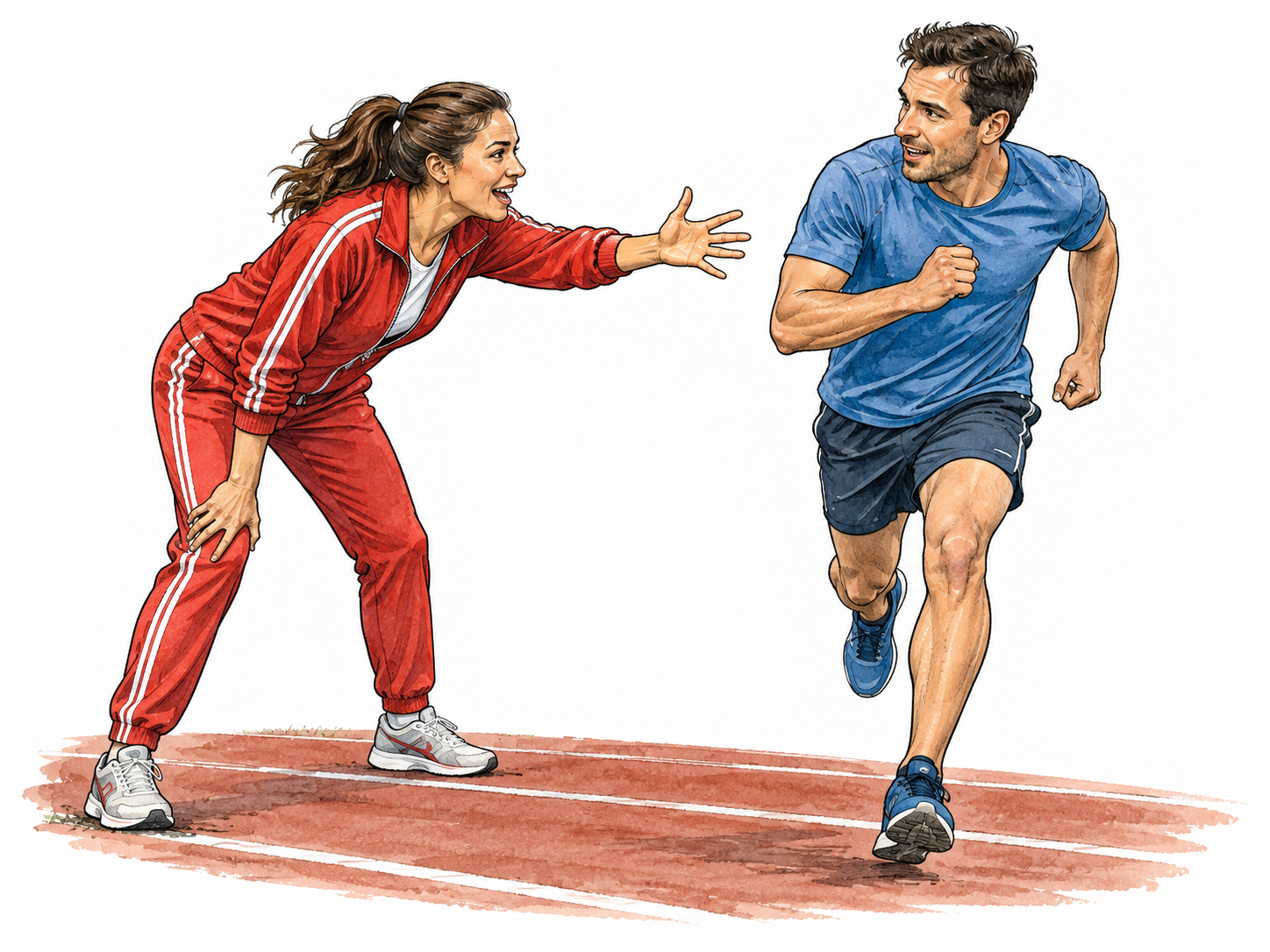 Coach strongly encourages runner onward.