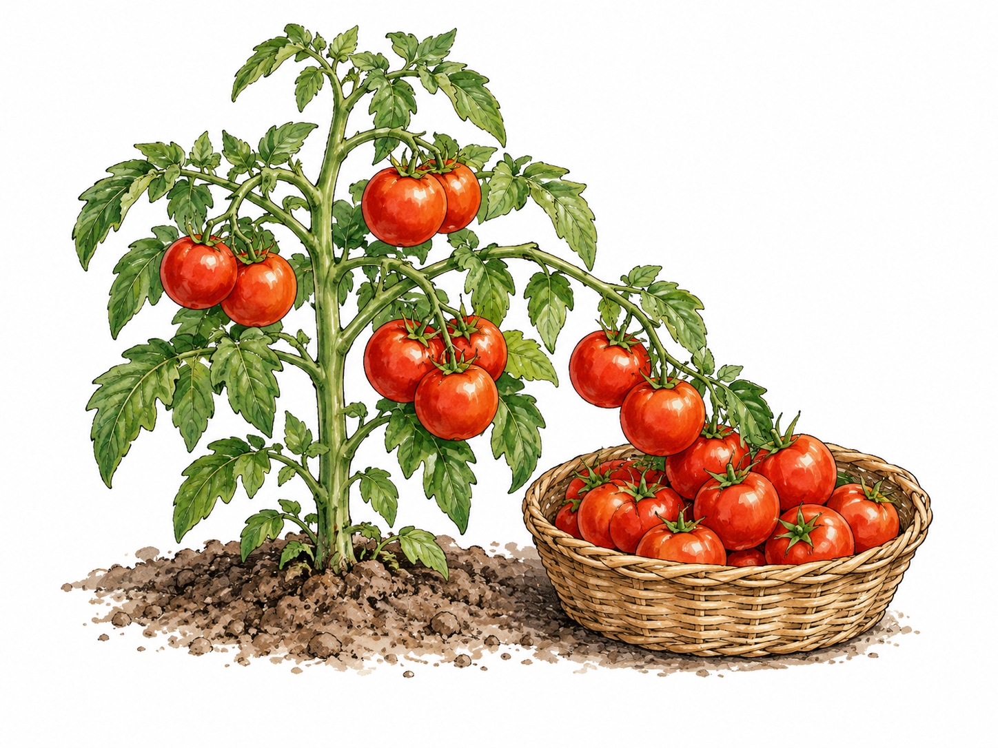 Tomato plant producing a basket of harvested fruit.
