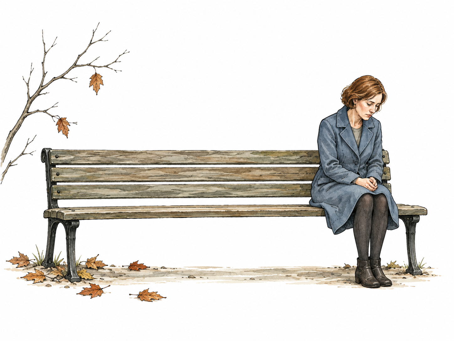 Woman alone on long empty bench.
