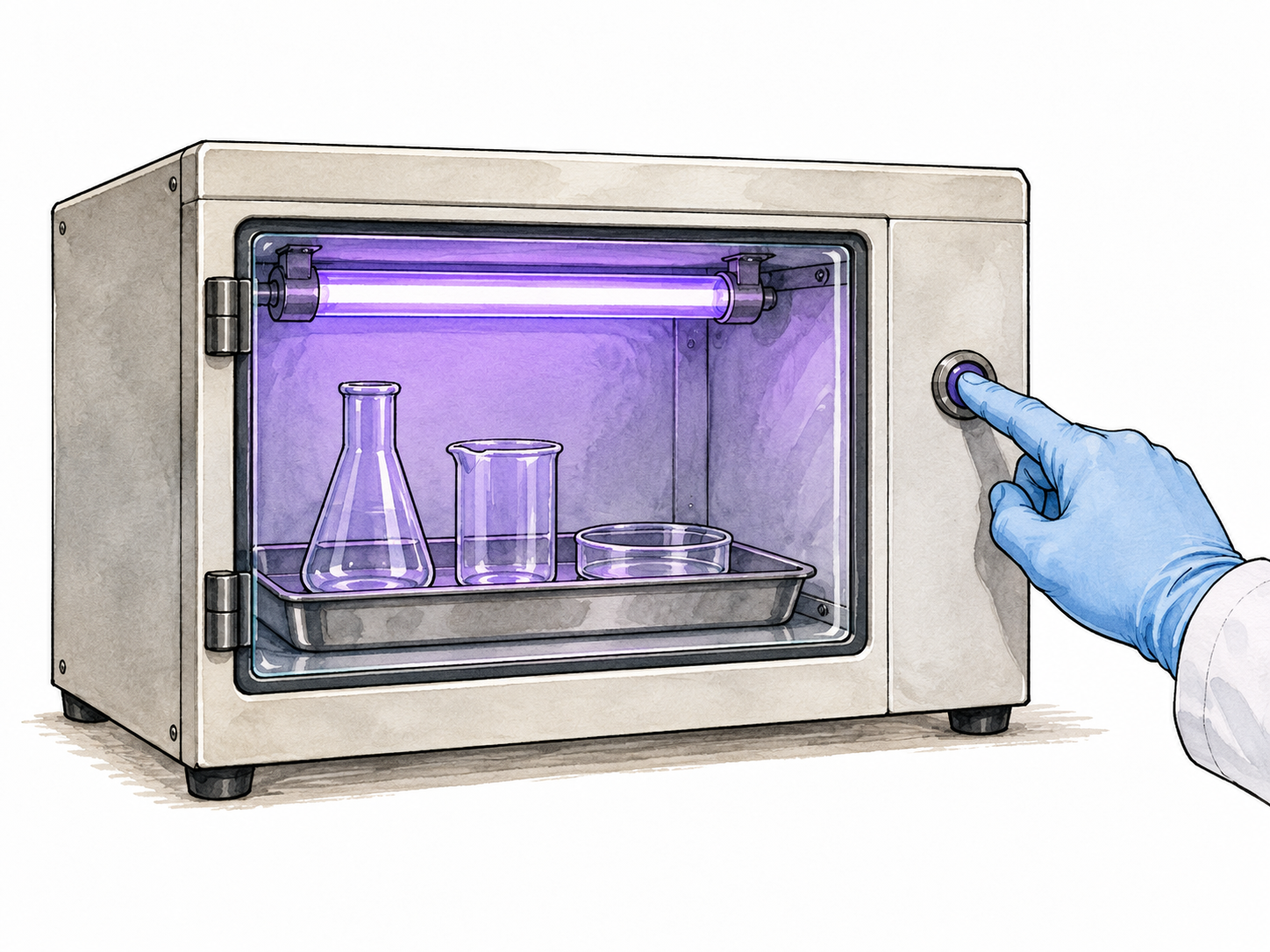 Gloved hand activates closed UV chamber exposing glassware to radiation.