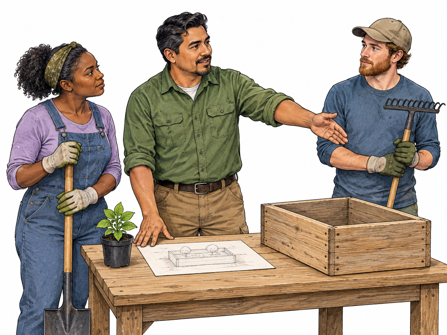 Volunteer leader directs a garden-building team.