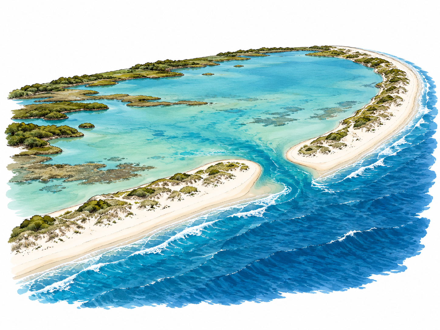 Lagoon: aerial oblique view of shallow turquoise water enclosed behind a long sandy barrier island, deep blue open sea outside; a narrow inlet connects them.