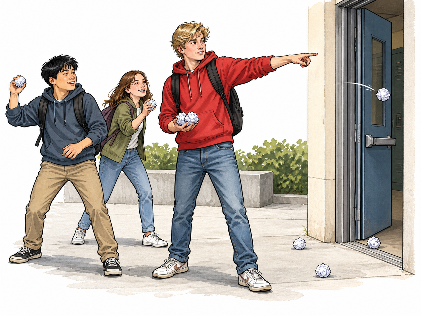 Teen instigator directs friends throwing paper balls into school doorway.