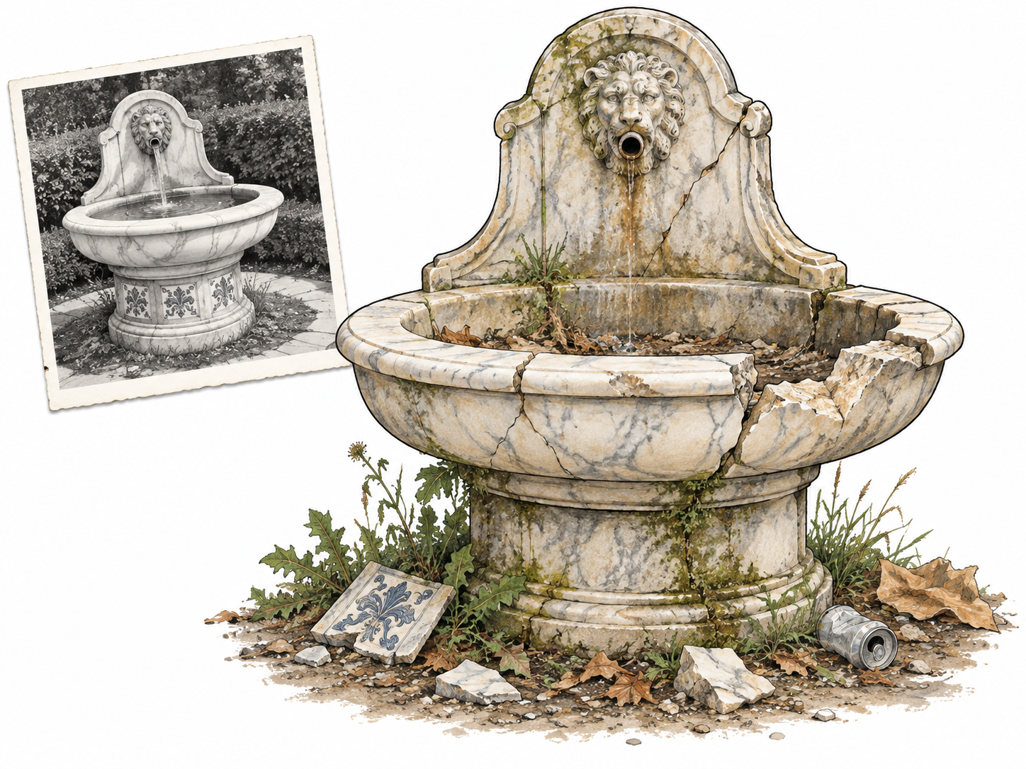 Decayed civic fountain contrasted with its intact earlier photograph shows physical decline.