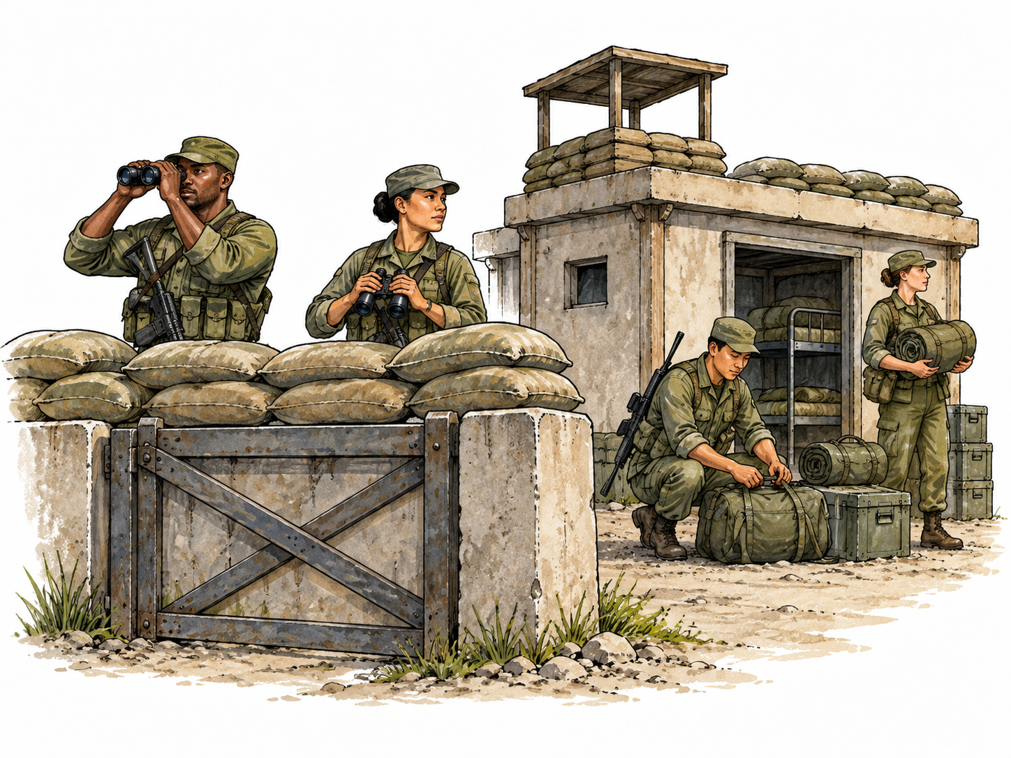 Four troops stationed at fortified post with barracks.