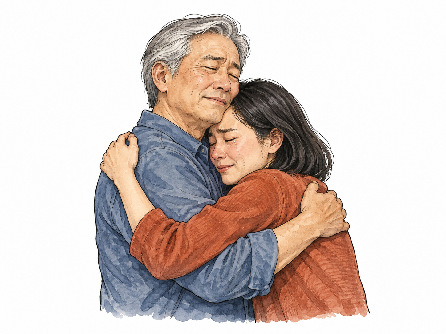 Emotionally intense reunion embrace.