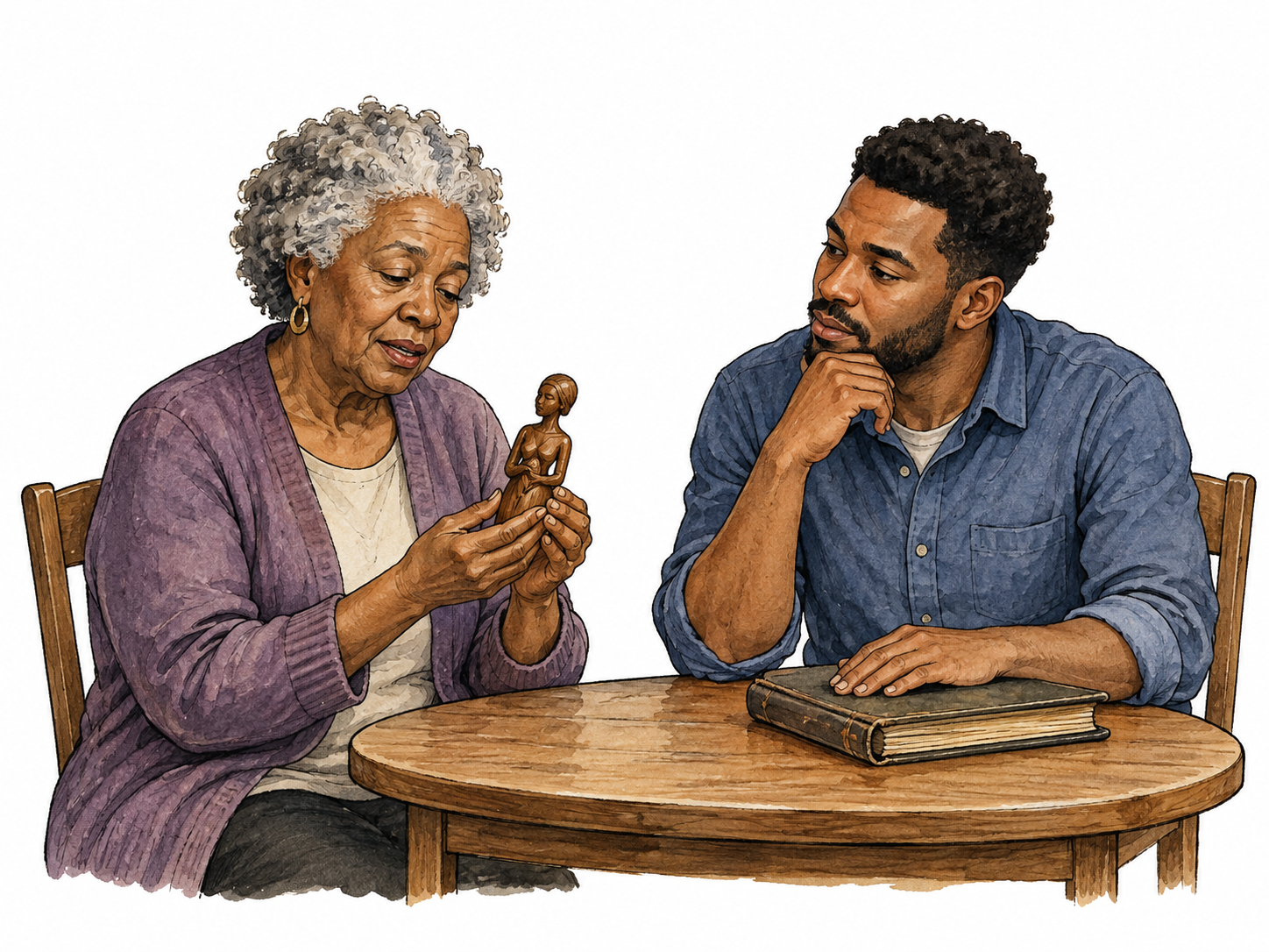 Older woman shares thoughtful family meaning with grandson.