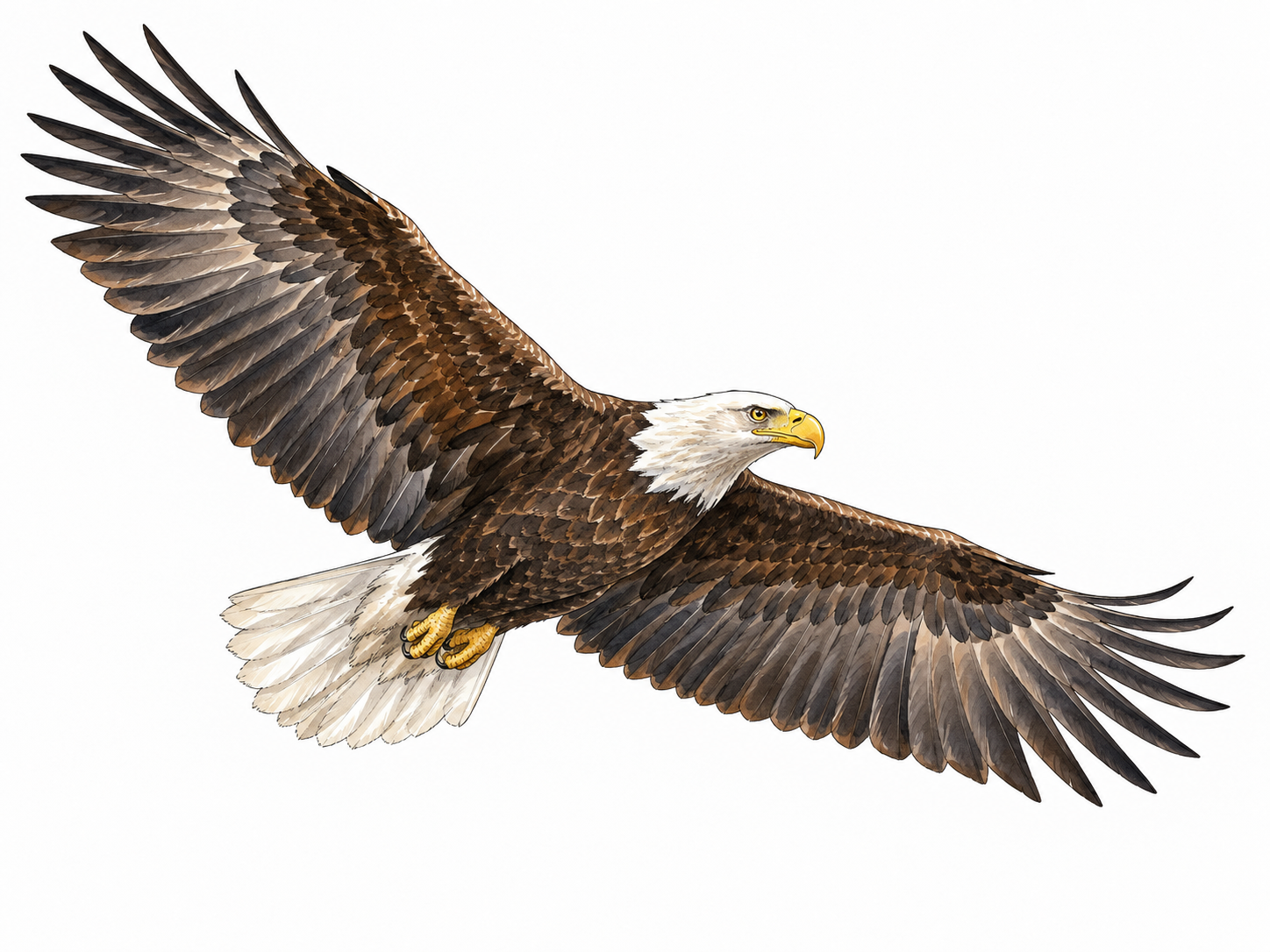 Bald eagle glides with broad outstretched wings.