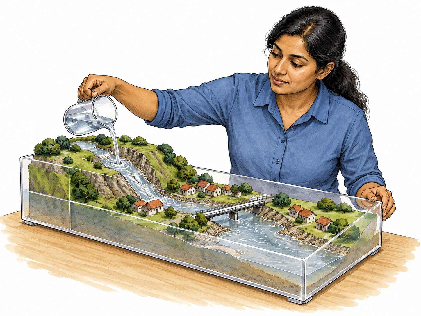 Miniature river model simulates water flow.