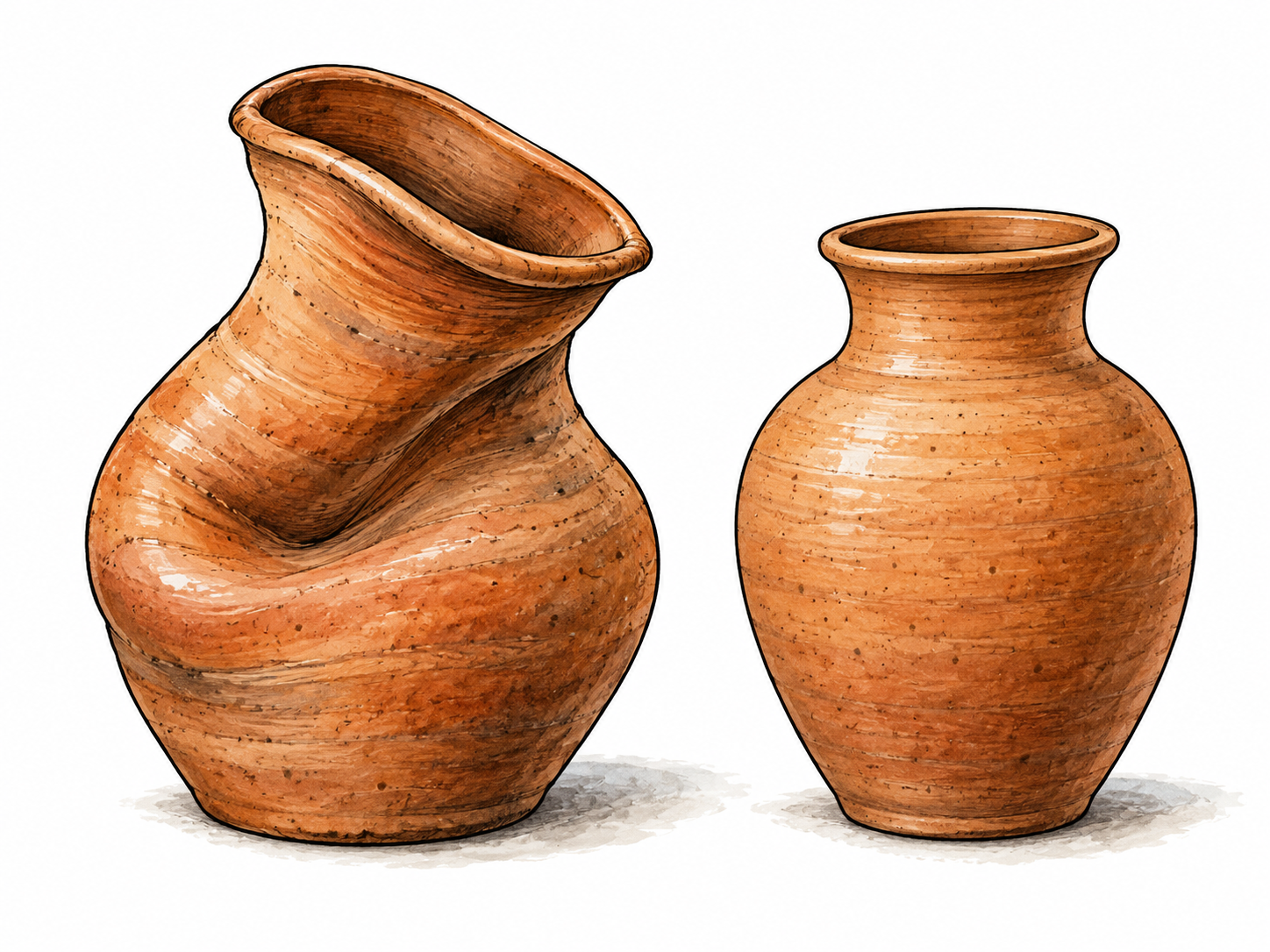 Deformity: close still life of an accidentally warped clay vase, its body asymmetrically collapsed inward and rim visibly twisted, beside a small normal symmetrical vase for comparison.