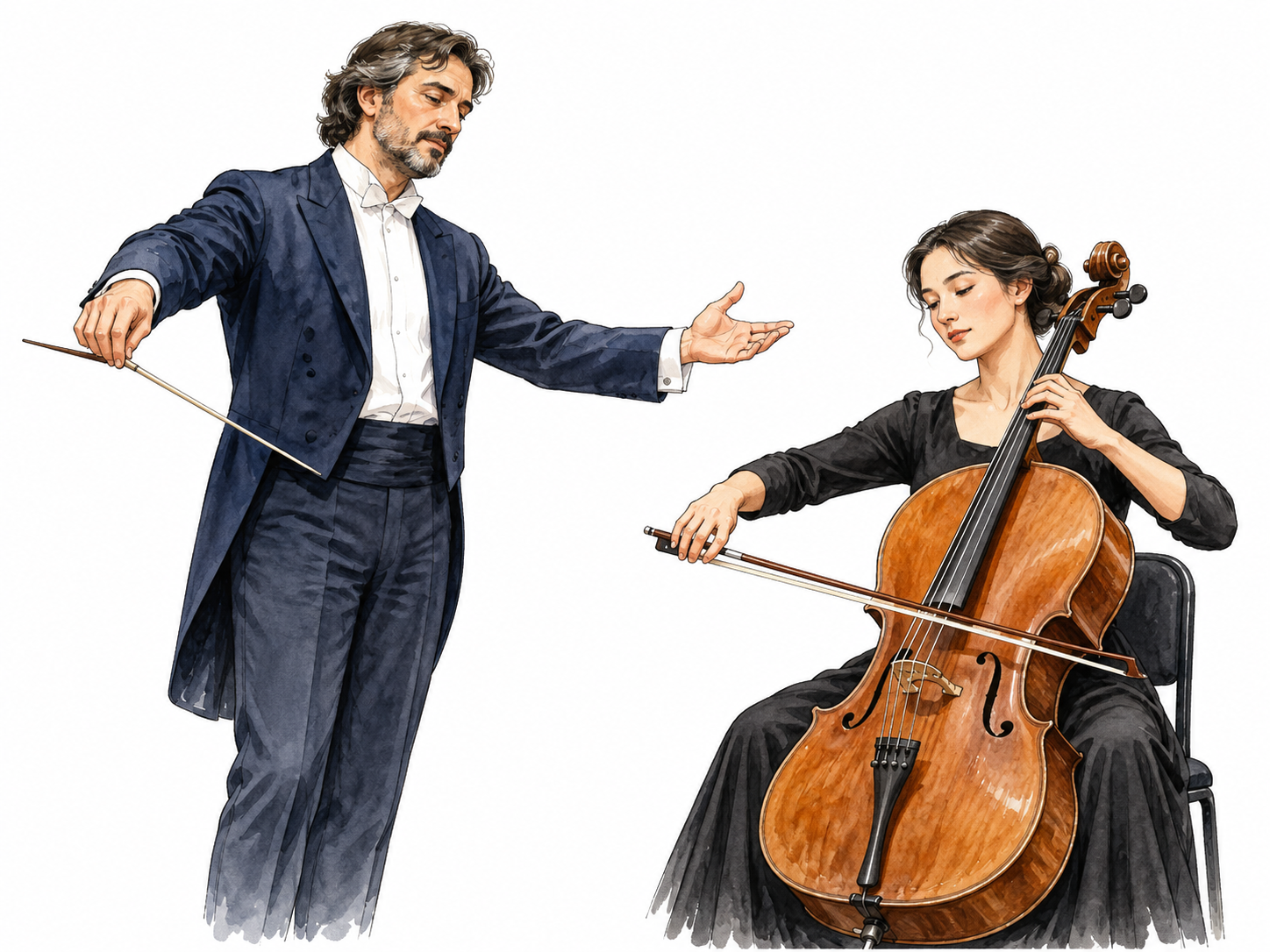 Conductor guides a cellist with a broad calm gesture and sustained bow stroke.