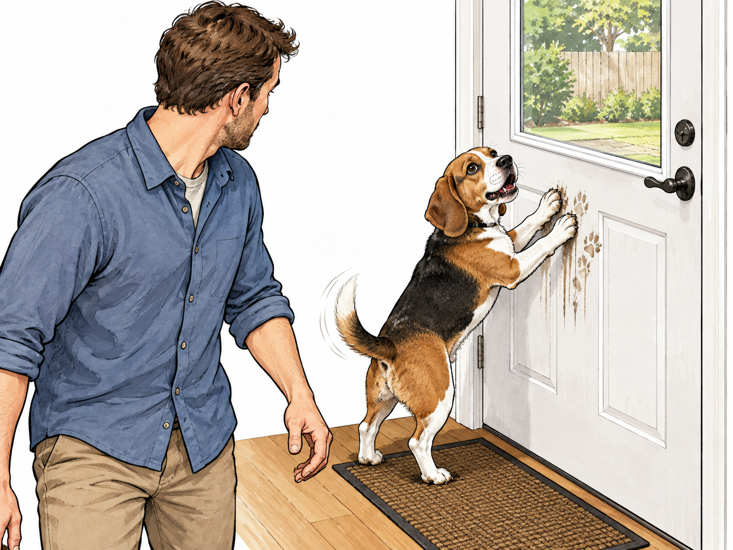 Insistent: a beagle persistently paws at the closed back door, looking urgently at owner who turns toward it.