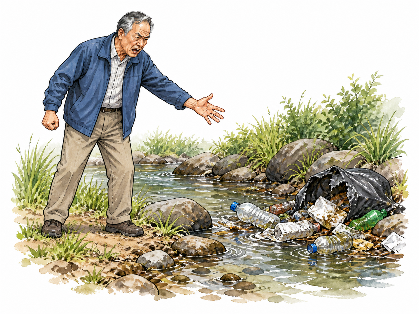 Moral anger at litter polluting a stream.