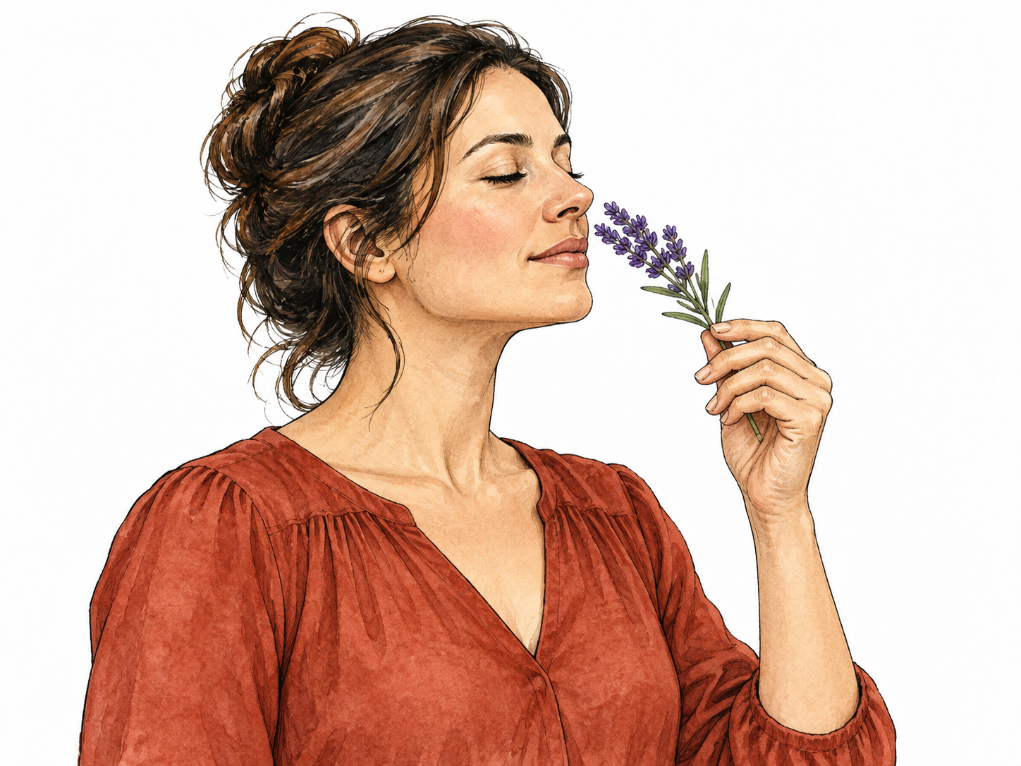 Woman gently breathes in lavender fragrance.
