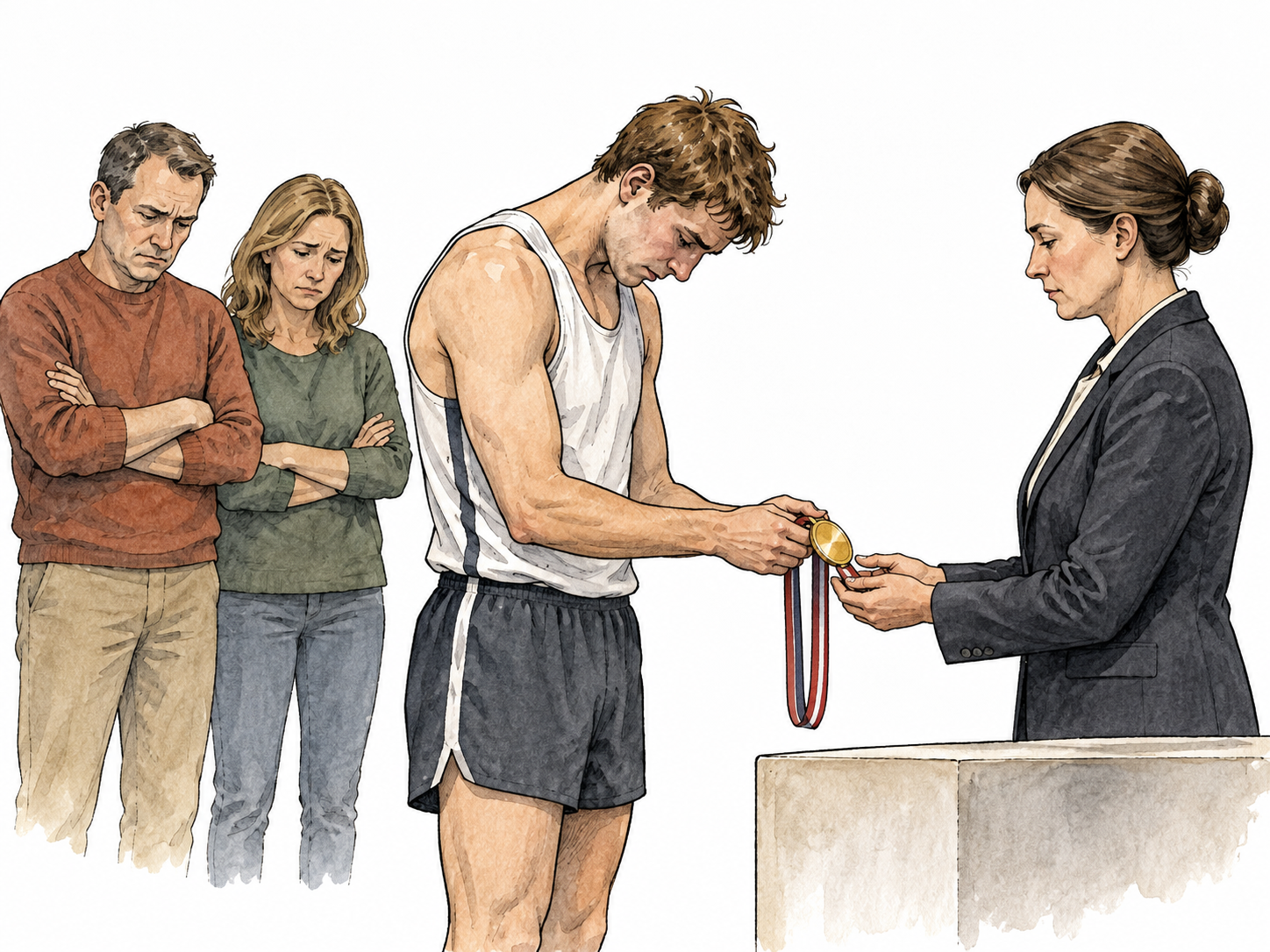 Disgraced athlete surrendering medal.