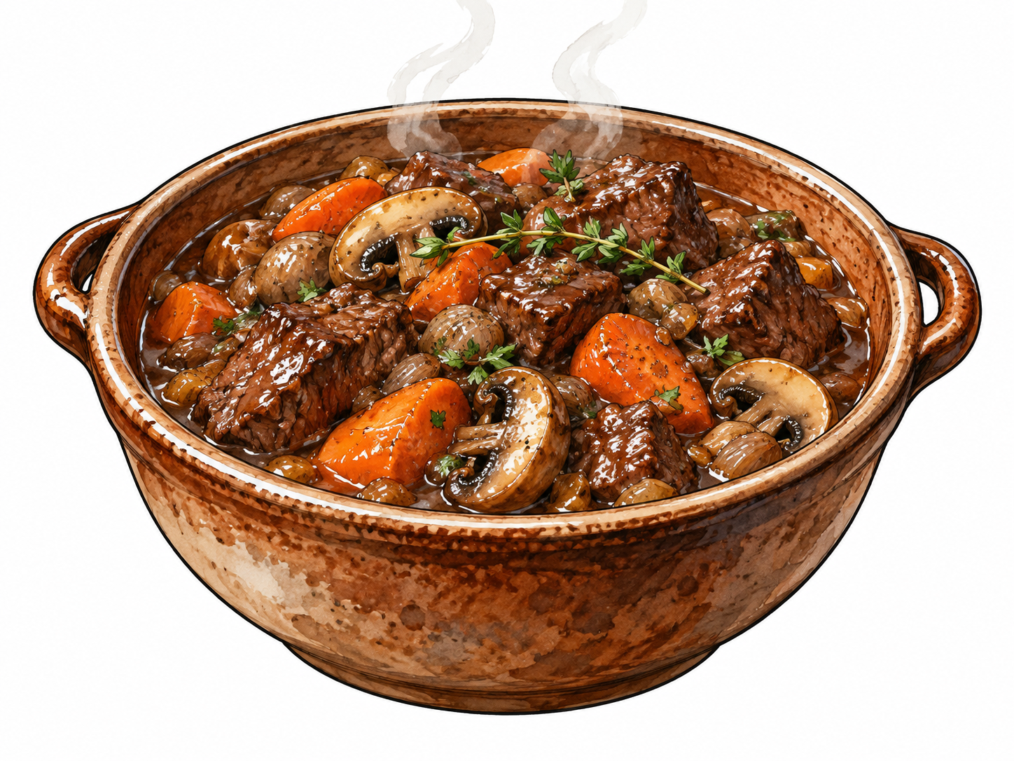 Ragout: rustic bowl of rich well-seasoned stew with tender beef chunks, mushrooms, carrots and herbs in thick brown sauce, subtle steam, appetizing realistic still life.
