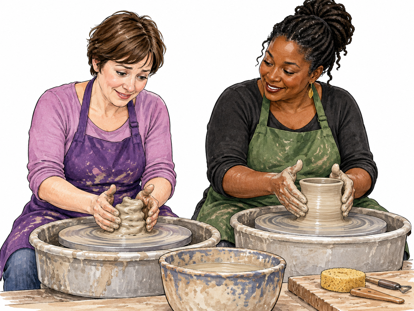 New pottery student learns basic hand placement from experienced instructor.