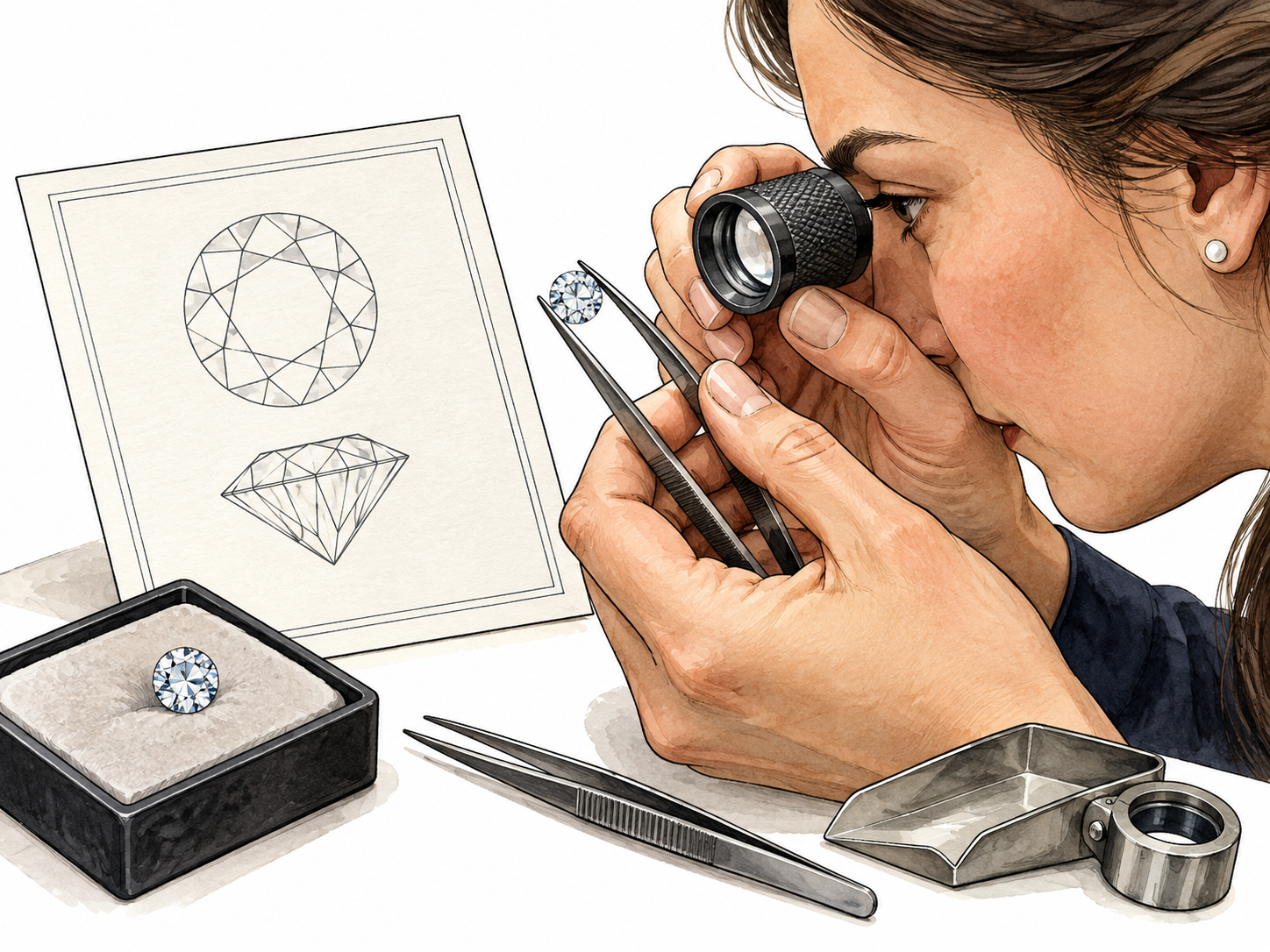 Verification: close view of a female jeweler's hands inspecting a gemstone with loupe, comparing its faceting to matching precise line diagram on a blank certificate.