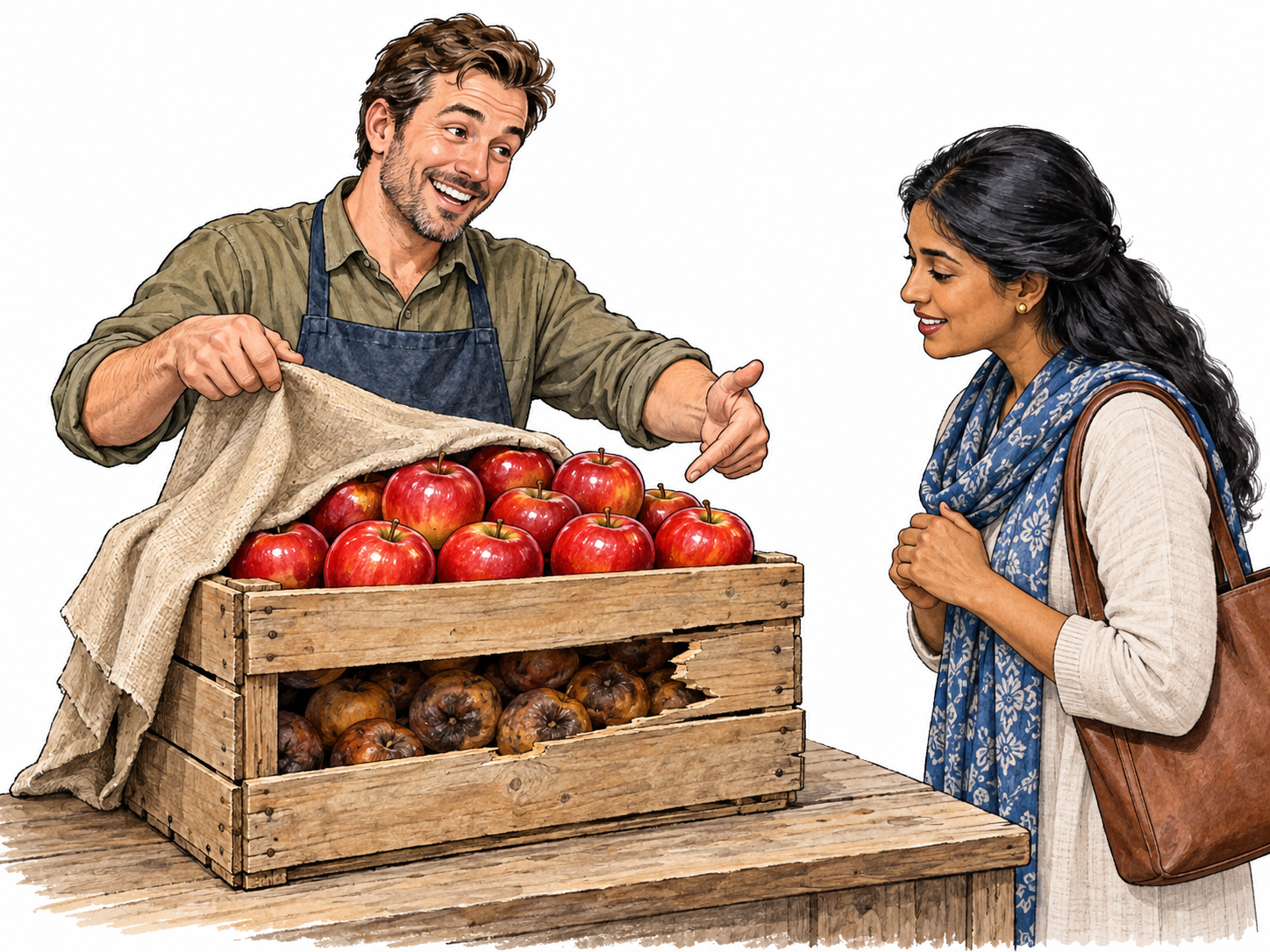 Seller presents good top apples while concealing rotten lower layer, misleading customer.