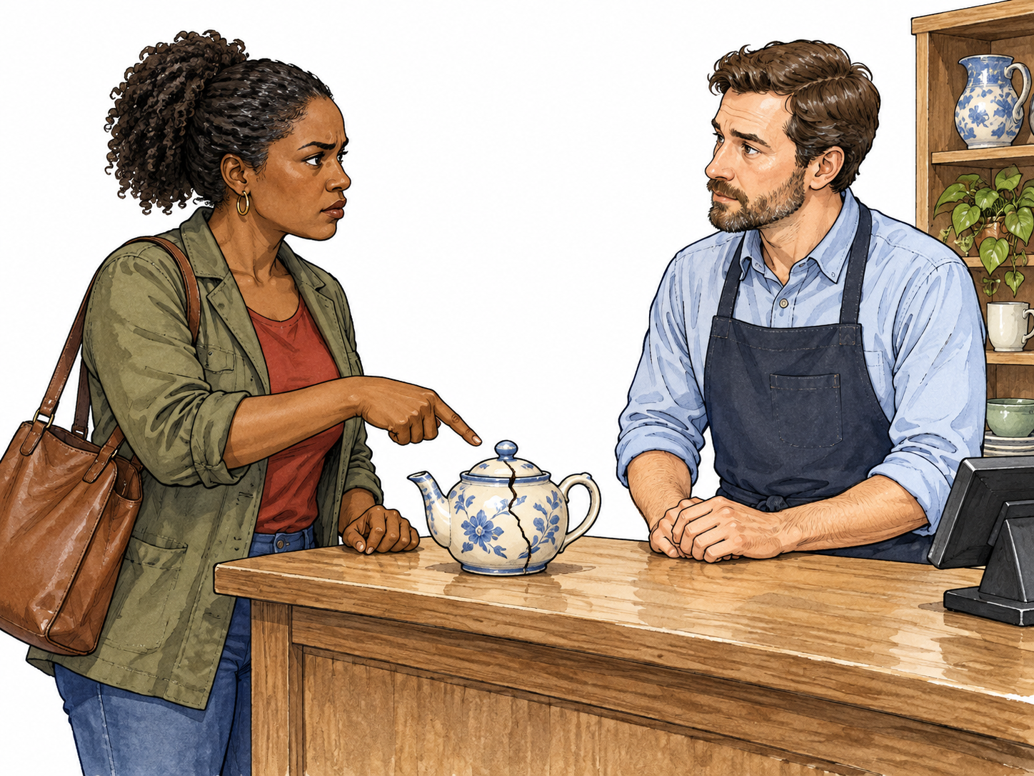 Insist, demand firmly: adult brown-skinned woman firmly gestures at a visibly cracked ceramic teapot she is returning across a shop counter; attentive white male shopkeeper listens.