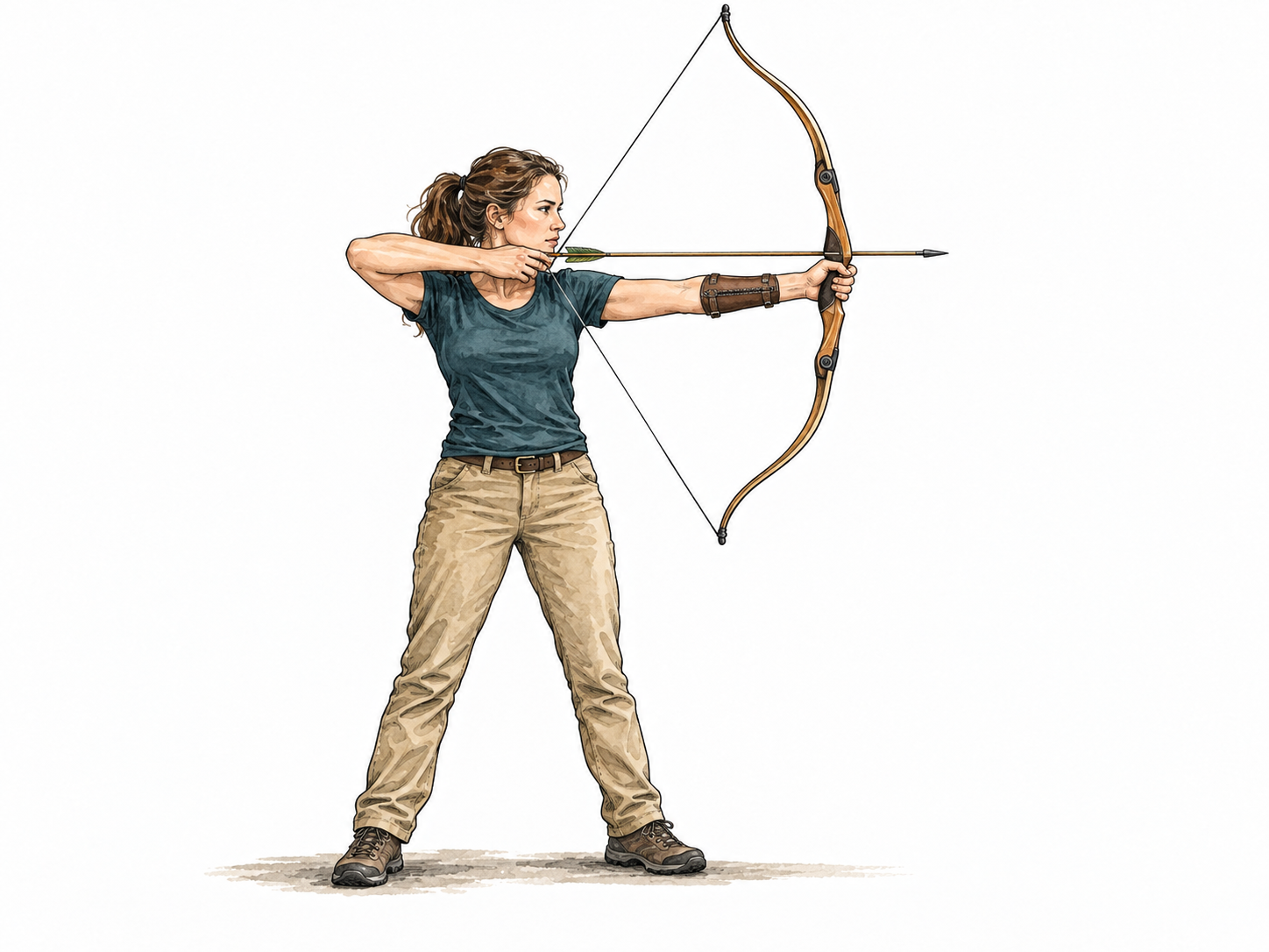 Contemporary athlete draws a bow with arrow nocked.