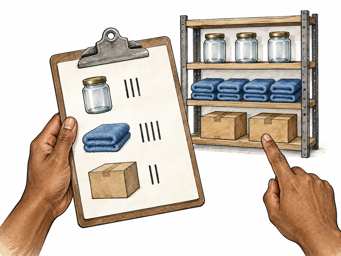 Pictorial stock list records jars, towel bundles and boxes.