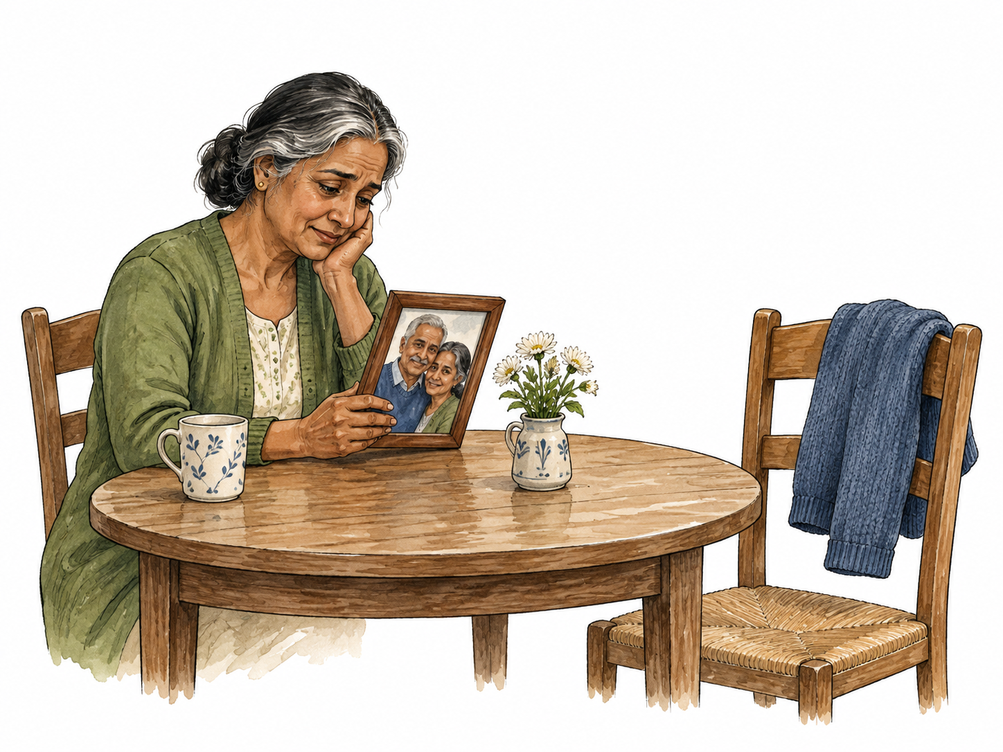 Woman holds couple photograph beside empty chair.